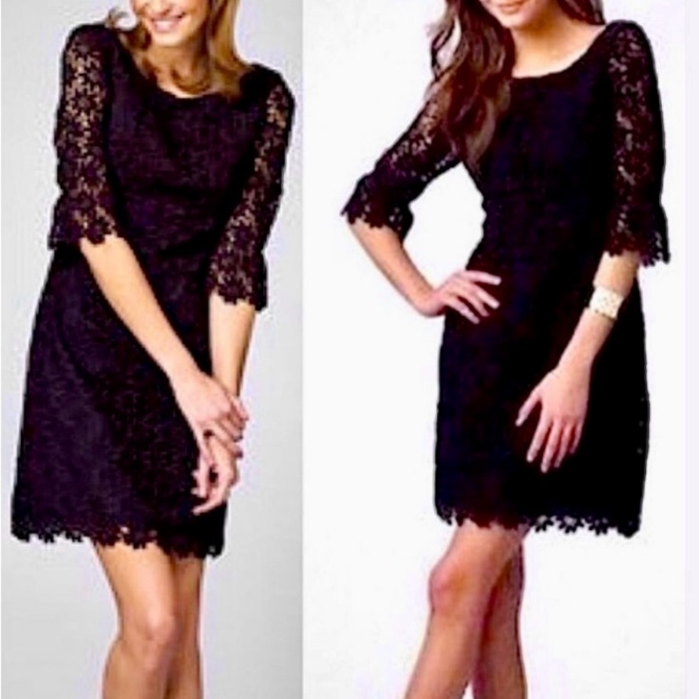 Lilly Pulitzer Black Shift dress size 12 Crochet Lace bell sleeve Classic LBD